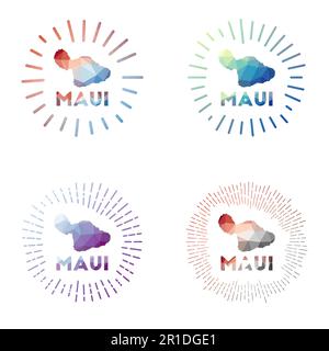 Set di sunburst in polietilene basso Maui. Logo dell'isola in stile poligonale geometrico. Illustrazione vettoriale. Illustrazione Vettoriale