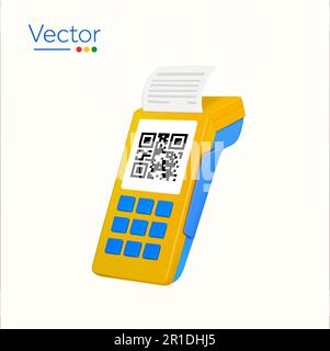 dispositivo terminale 3D pos con codice QR, stampa ricevuta, isolato su sfondo bianco. Concetto di design per carte, non in contanti, pagamento wireless, vendita al dettaglio, cassiere, commercio. illustrazione vettoriale 3d. Illustrazione vettoriale Illustrazione Vettoriale