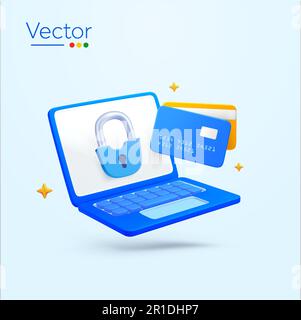 notebook 3d con serratura sicura, carte di credito bancarie, effetto luminoso, isolato su sfondo bianco. Design concept per lo shopping online, e-commerce, pagamento garantito. illustrazione vettoriale 3d. Illustrazione vettoriale Illustrazione Vettoriale