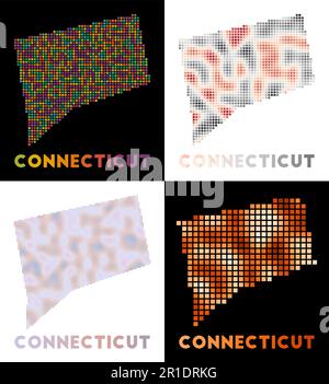 Mappa del Connecticut. Collezione di mappe del Connecticut in stile punteggiato. Bordi dello stato degli Stati Uniti riempiti di rettangoli per il progetto. Illustrazione Vettoriale