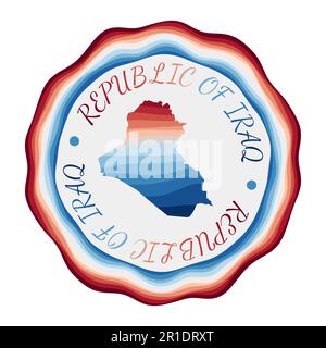 Distintivo della Repubblica dell'Iraq. Mappa del paese con splendide onde geometriche e vibranti cornici rosse e blu. Logo tondo e vivace della Repubblica dell'Iraq. Illustrazione Vettoriale