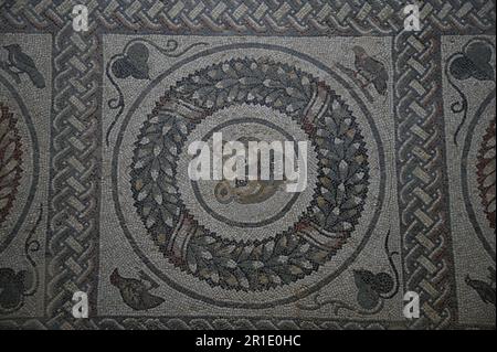 Mosaico di animali romani sul pavimento del cortile peristilio di Villa Romana del Casale in Piazza Armerina Sicilia. Foto Stock