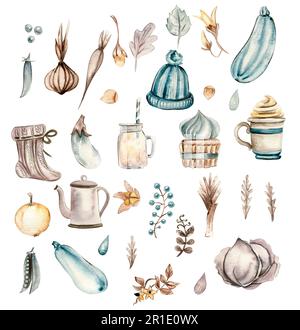 Acquerello foglie ed elementi autunnali disegnati a mano. Illustrazione disegnata a mano dell'autunno. Perfetto per scrapbooking, design per bambini, inviti a matrimoni, poster Foto Stock