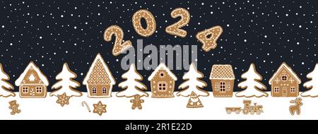 Villaggio di pan di zenzero. Sfondo di Natale. Confine di Seamles. Paesaggio invernale da favola. Case di pan di zenzero, abeti e altri biscotti su blu scuro b Illustrazione Vettoriale