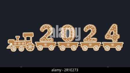 Treno di pan di zenzero. Allenati con i biscotti natalizi sotto forma di numeri del 2024° anno. Modello di biglietto d'auguri. Illustrazione vettoriale Illustrazione Vettoriale