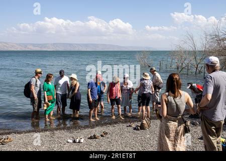 Tabgha, Israele - 28 dicembre 2017: Persone a piedi o seduti sulla costa del lago vicino alla Chiesa del primato di San Pietro. Foto Stock