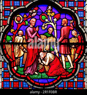 Vetrata, Boaz incontra Ruth nel campo di mais, di William Wailes, 1849, Ely Cathedral, Cambridgeshire, Inghilterra, Regno Unito Foto Stock