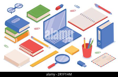 Set di cancelleria isometrica Illustrazione Vettoriale