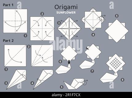 Origami tutorial per bambini. Origami grazioso girasole. Illustrazione Vettoriale