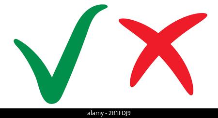 segno di spunta verde, segno di approvazione ok, scelta a destra, segno rosso di rifiuto, segno di spunta vettoriale e pennello calligrafico a croce Illustrazione Vettoriale