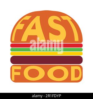 Burger con il testo fast food sulla superficie del panino, illustrazione vettoriale di un hamburger Patty con formaggio e verdure, per pubblicizzare fast food Illustrazione Vettoriale