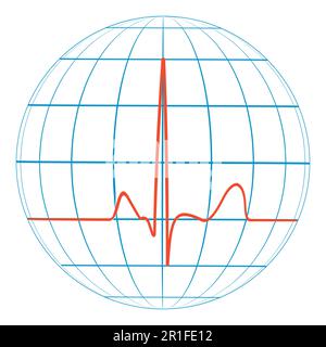 Cardio pianeta terra cuore impulso. Cardiogramma. Linea vettoriale dell'impulso con il pianeta Illustrazione Vettoriale