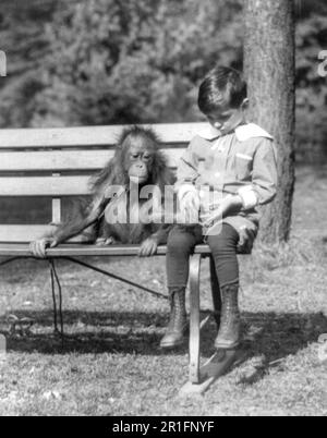 Ragazzo seduto con orangutan su panchina al National Zoo ca. 1909-1932 Foto Stock