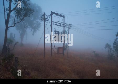 Nebbia mattutina a Mahabaleshwar, Maharashtra. Ad un'altitudine di 1000 metri sul livello del mare, Mahabaleshwar si foggia negli inverni molto facilmente. Foto Stock