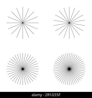 Insieme di linee radianti convergenti icona burst, elemento sunburst geometrico, illustrazione del vettore della forma del sole . Illustrazione Vettoriale
