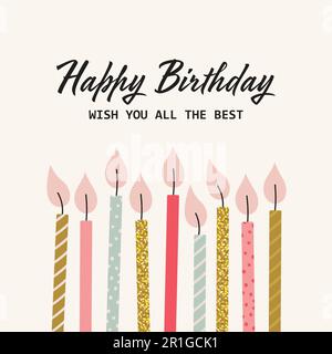 Auguri di buon compleanno con candele. Illustrazione vettoriale in stile semplice disegnato a mano Illustrazione Vettoriale