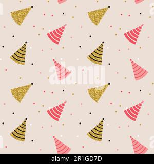 Motivo per compleanno senza cuciture con cappello da festa. Illustrazione vettoriale in stile semplice alla moda Illustrazione Vettoriale