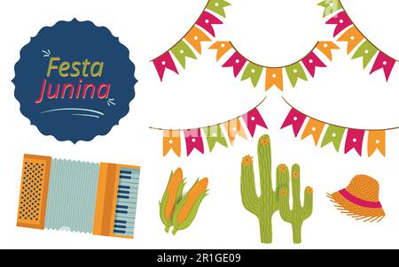 Festa Junina Festival disegnata a mano Rough and Grunge Texture Vector Elements Illustration. Corn, cappello, cactus, fisarmonica e grafica decorativa Illustrazione Vettoriale