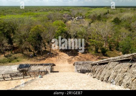 Scale molto ripide nelle rovine maestose di Ek Balam, Yucatan, Messico. Foto Stock