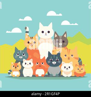 Un gruppo di gatti è seduto di fronte ad una montagna Illustrazione Vettoriale