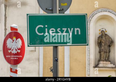 Cartello della città di Cieszyn al confine tra Polonia e Repubblica Ceca. Foto Stock