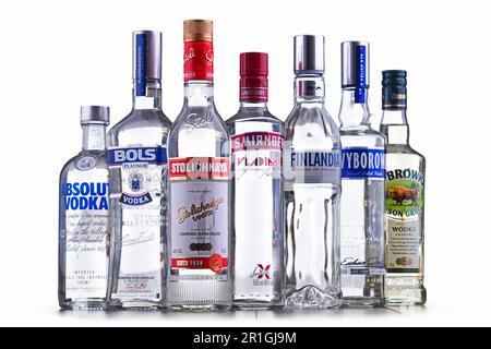 POZNAN, POLONIA - 15 NOVEMBRE 2018: Bottiglie di diversi marchi globali di vodka, il mondo Foto Stock