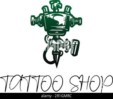 Questo modello con logo Tattoo Shop è la scelta perfetta per il vostro business di tatuaggio salotto. Il design è caratterizzato da un esclusivo logo creativo con una tat rotante Illustrazione Vettoriale