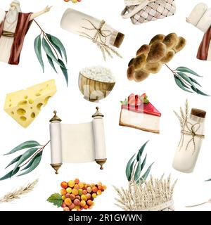 Shavuot motivo senza cuciture con simboli sul bianco per i saluti di imballaggio di festa. Acquerello challah, latte, formaggio, grano Foto Stock
