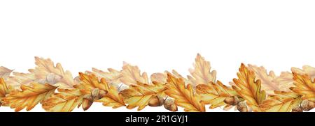 Acquerello bordo senza cuciture con foglie di rovere autunnale e ghiande isolate. Ringraziamento, illustrazione di Halloween per i progettisti, scrapbooking. Per i progettisti Foto Stock