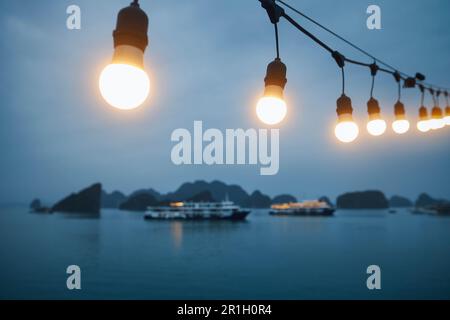 Uomo che gode di una magnifica vista dalla nave da crociera che naviga tra le isole. Popolare meta turistica con formazioni carsiche in mare, ha Long Bay a Vietn Foto Stock