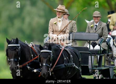 Lady Louise Windsor guida una carrozza nel Pol Roger Meet della British Driving Society al Royal Windsor Horse Show nel Castello di Windsor, Berkshire. Data immagine: Domenica 14 maggio 2023. Foto Stock