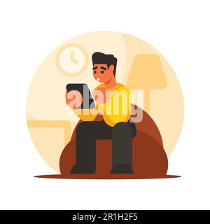 L'uomo seduto su un divano e utilizzando un tablet Flat Style vettoriale illustrazione Illustrazione Vettoriale