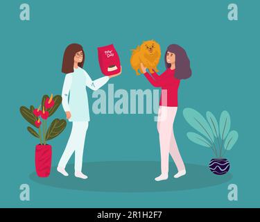 Veterinario di professione. Il veterinario della donna tiene un cane su uno sfondo isolato. Illustrazione vettoriale in uno stile piatto Illustrazione Vettoriale