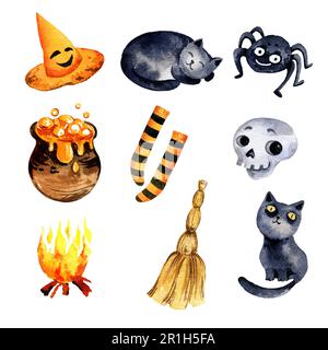 acquerello set di tema halloween con gatto nero, cranio, ragno, cappello, pentola e altri, illustrazione disegnata a mano per l'evento autunnale isolato sul retro bianco Foto Stock