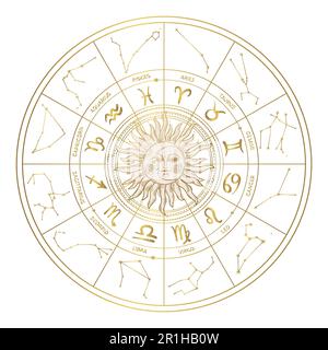 Ruota zodiacale dorata astrologica con costellazioni e segni, simboli vettoriali oroscopi con sole e luna. Ruota di divinazione mistica, carta natale. Li Illustrazione Vettoriale