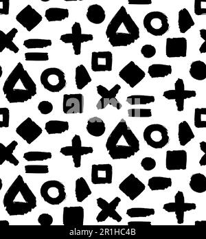 Grunge Memphis modello senza cuciture con simboli e segni matematici disegnati a mano. Ornamento per stampa su tessuto, copertina e confezionamento. Isola vettoriale Illustrazione Vettoriale