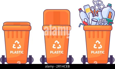 Raccolta di contenitori con coperchio per la conservazione, il riciclaggio e la cernita dei rifiuti domestici di polietilene. Contenitore del cestino chiuso vuoto e riempito con Illustrazione Vettoriale