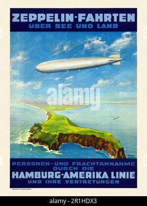 Zeppelin-Fahrten über See und Land. Personen- und Frachtannahme durch die Hamburg-Amerika Linie und ihre Vertretungen di Theodor Paul Etbauer (1892-1975). Poster pubblicato nel 1935 in Germania. Foto Stock