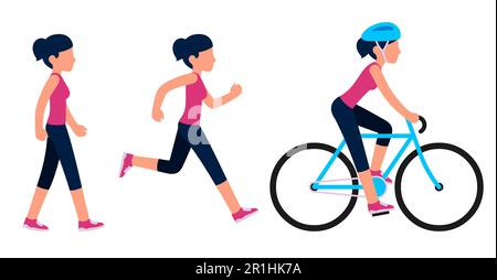 Donna figura camminare, correre e andare in bicicletta. Livello di fitness e attività cardio. Semplice set di illustrazioni vettoriali in stile cartoon piano. Illustrazione Vettoriale