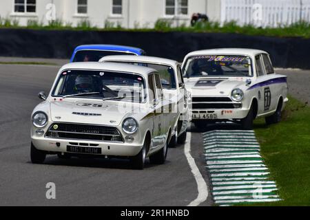 Matt Neal, Gordon Shedden, Ford Lotus Cortina Mk1, Mike Gardiner, Josh Cook, Ford Lotus Cortina Mk1, Jim Clark Trophy, a quarantacinque minuti, due piloti Foto Stock