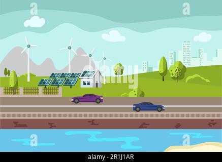 illustrazione dell'energia elettrica pulita prodotta da fonti rinnovabili, sole e vento. Centrale elettrica con pannelli solari e turbine eoliche sullo skyline della città Illustrazione Vettoriale