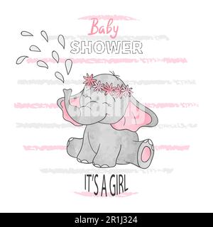 Ragazza doccia bambino. Illustrazione vettoriale con simpatico elefante bambino. Illustrazione Vettoriale