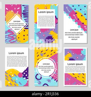 Set di carte colorate alla moda. Disegni a mano vecor creativi astratto flayers, poster design. Illustrazione Vettoriale