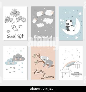 Set di carte notturne con simpatici animali da cartoon, stelle e luna. Poster per le stanze dei bambini. Illustrazioni vettoriali sogni dolci. Illustrazione Vettoriale