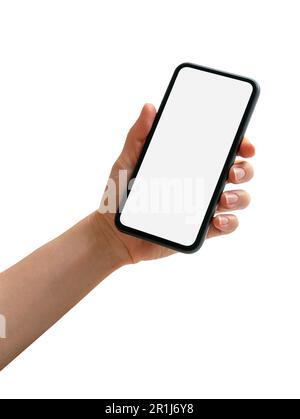 Smartphone isolato con schermo vuoto in mano femminile. Foto Stock