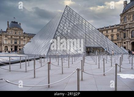 PARIGI, FRANCIA - 24 aprile 2023: Una vista panoramica panoramica del Museo del Louvre nel cuore di Parigi, famoso punto di riferimento storico dell'arte in Francia, Europa Foto Stock