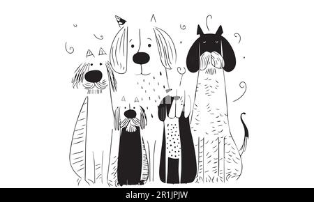 Una famiglia disegnata a mano linea cane arte colorazione pagina design. Illustrazione Vettoriale