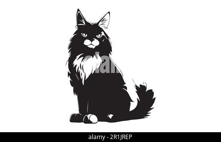 Illustrazione vettoriale silhouette Maine Cat. Isolamento dei gatti cartoni animati in bianco e nero. Illustrazione Vettoriale