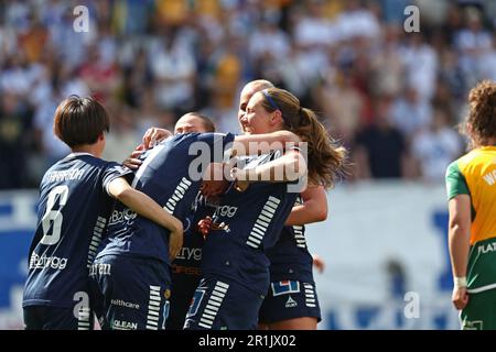 Linköping festeggia dopo il 1-0 durante la partita di calcio di domenica nell'OBOS Damallsvenskan tra il Linköping FC-IFK Norrköping all'arena di Bilbörsen, Linköping, Svezia. Foto Stock