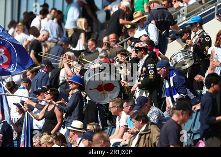 I tifosi di Linköping, Bonnkapälle, durante la partita di calcio di domenica nell'OBOS Damallsvenskan tra Linköping FC-IFK Norrköping all'arena di Bilbörsen, Linköping, Svezia. Foto Stock